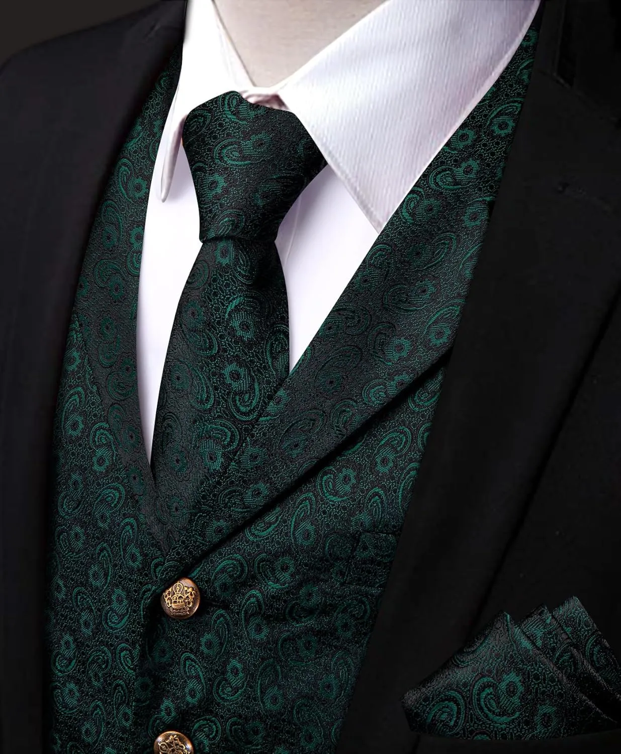 Mens Suit Vest 4PC Silk Paisley Vest with Necktie Pocket Square Cufflinks Formal Woven Waistcoat for Suit Tuxedo