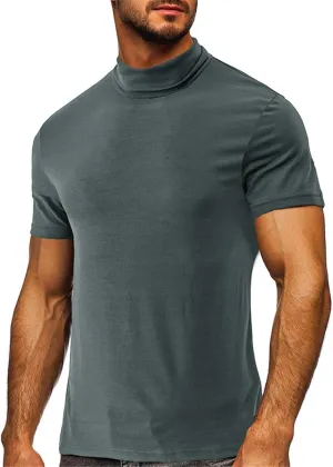 Mens T Shirt Short Sleeve Basic Turtleneck Slim Fit Undershirt Pullover Solid Sport Shirts Tops