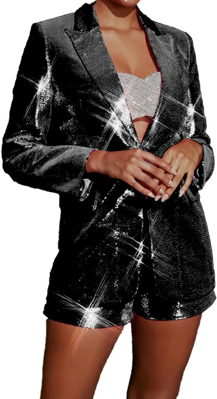 Mi Bo Tong Women's 2 Piece Suit Pants Set Sequin Blazer and Short Set for Women Prom Party Suit