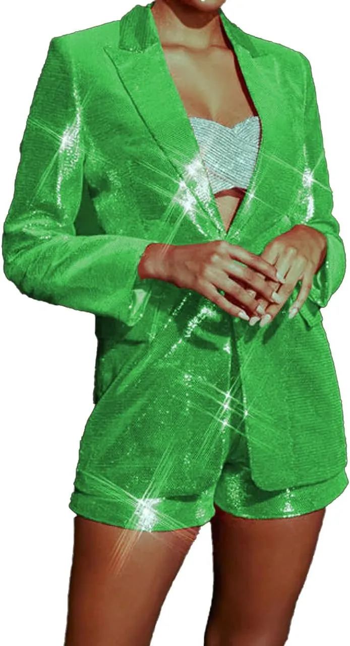 Mi Bo Tong Women's 2 Piece Suit Pants Set Sequin Blazer and Short Set for Women Prom Party Suit
