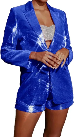 Mi Bo Tong Women's 2 Piece Suit Pants Set Sequin Blazer and Short Set for Women Prom Party Suit