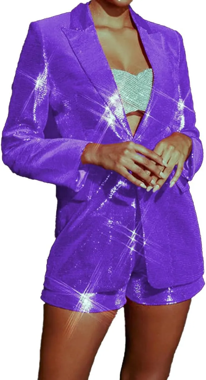 Mi Bo Tong Women's 2 Piece Suit Pants Set Sequin Blazer and Short Set for Women Prom Party Suit