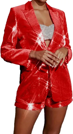 Mi Bo Tong Women's 2 Piece Suit Pants Set Sequin Blazer and Short Set for Women Prom Party Suit