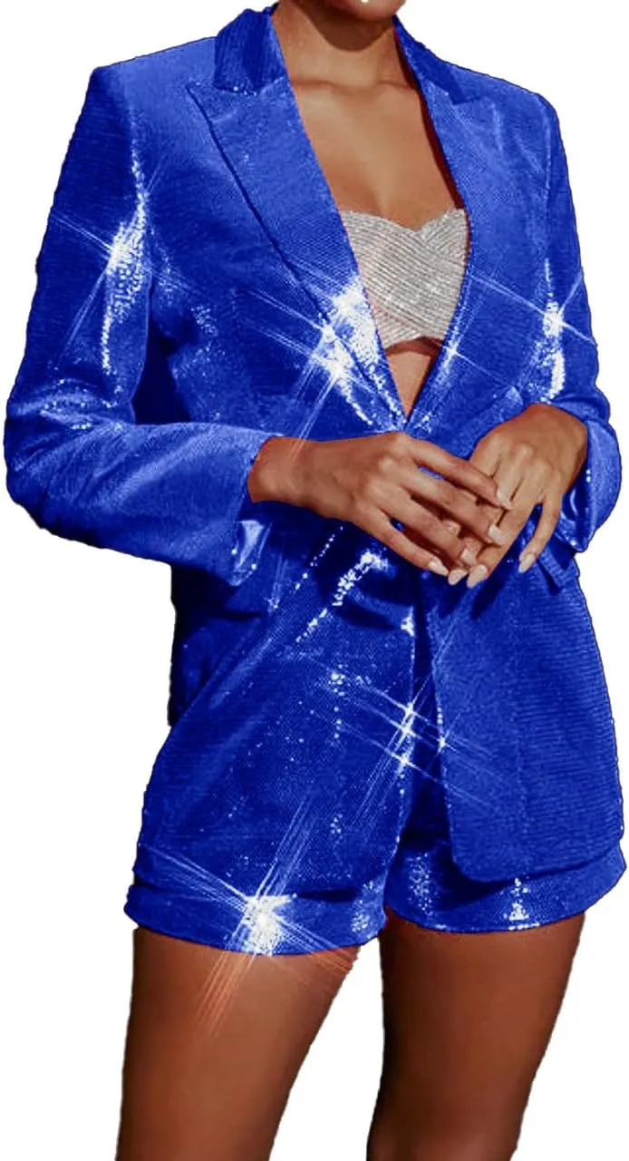 Mi Bo Tong Women's 2 Piece Suit Pants Set Sequin Blazer and Short Set for Women Prom Party Suit