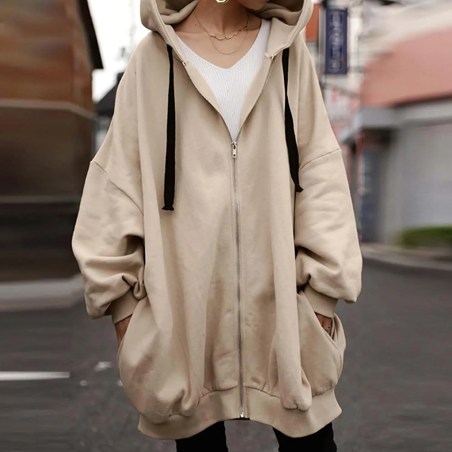 micidad Women's Oversized Hoodies Casual Long Sleeve Zip Up Hoodie Sweatshirt Fall Loose Jacket Hooded Coat