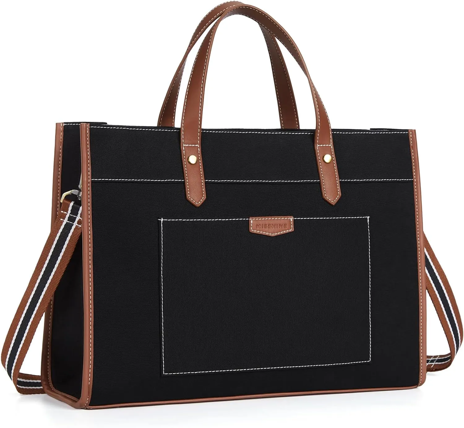 Missnine Laptop Tote Bag Canvas Laptop Bag 15.6 inch Work Shoulder Bags Casual Briefcase Handbag for Travel, Office, College (Black Brown)
