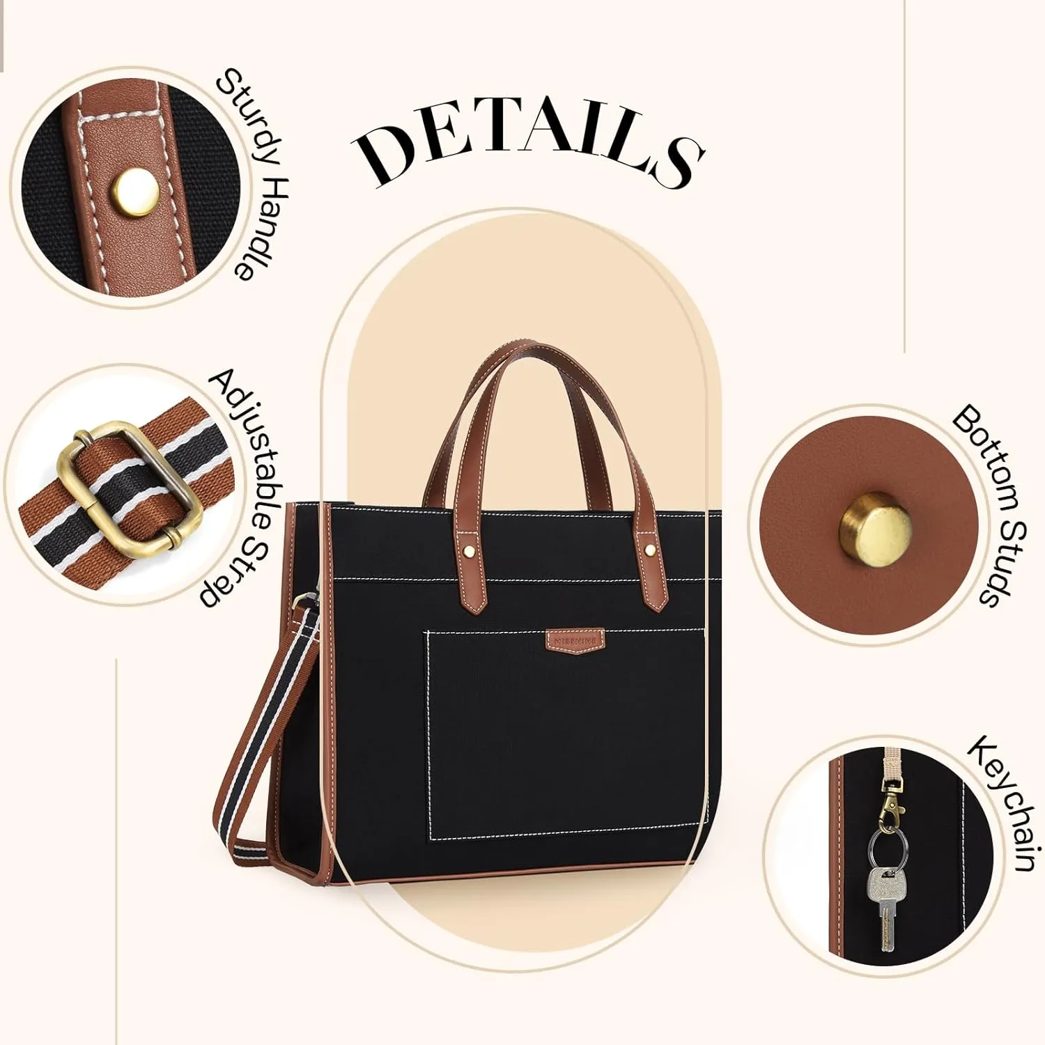 Missnine Laptop Tote Bag Canvas Laptop Bag 15.6 inch Work Shoulder Bags Casual Briefcase Handbag for Travel, Office, College (Black Brown)