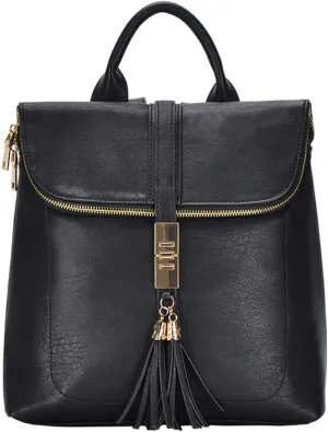 MMS Brands Diana Backpack Purse | Soft Vegan Leather Flap Over Tote Bag | 11L x 5.25W x 12H (Black)