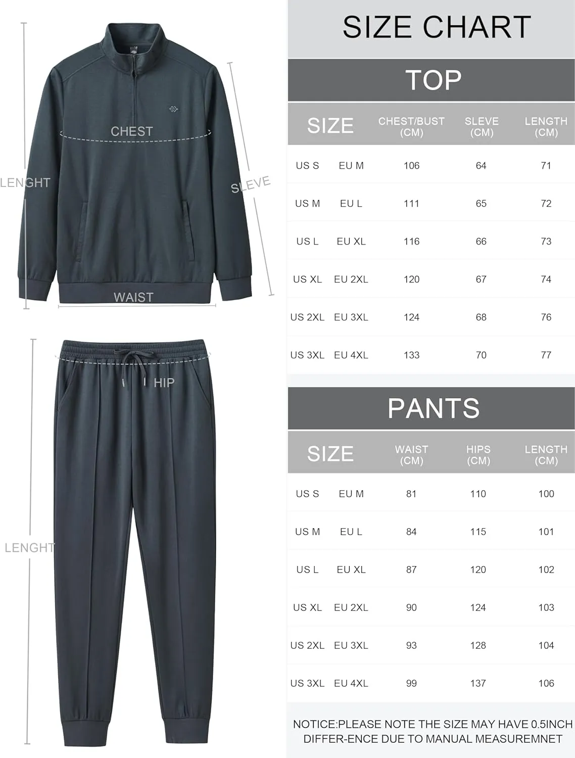 MoFiz Men's Tracksuit 2 Piece Sweatsuit Track Suit 1/4 Zip Long Sleeve Tops Jogging Pants Casual Outfits For Men