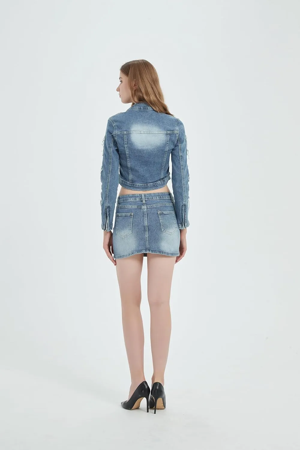 Molilove 2 Piece Denim Skirt Jacket Set Women Zipper Jacket Top Elastic Waist Skirt with Pockets Sweatsuit Tracksuit Sets
