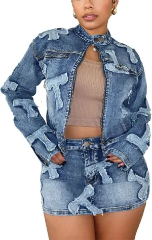Molilove 2 Piece Denim Skirt Jacket Set Women Zipper Jacket Top Elastic Waist Skirt with Pockets Sweatsuit Tracksuit Sets