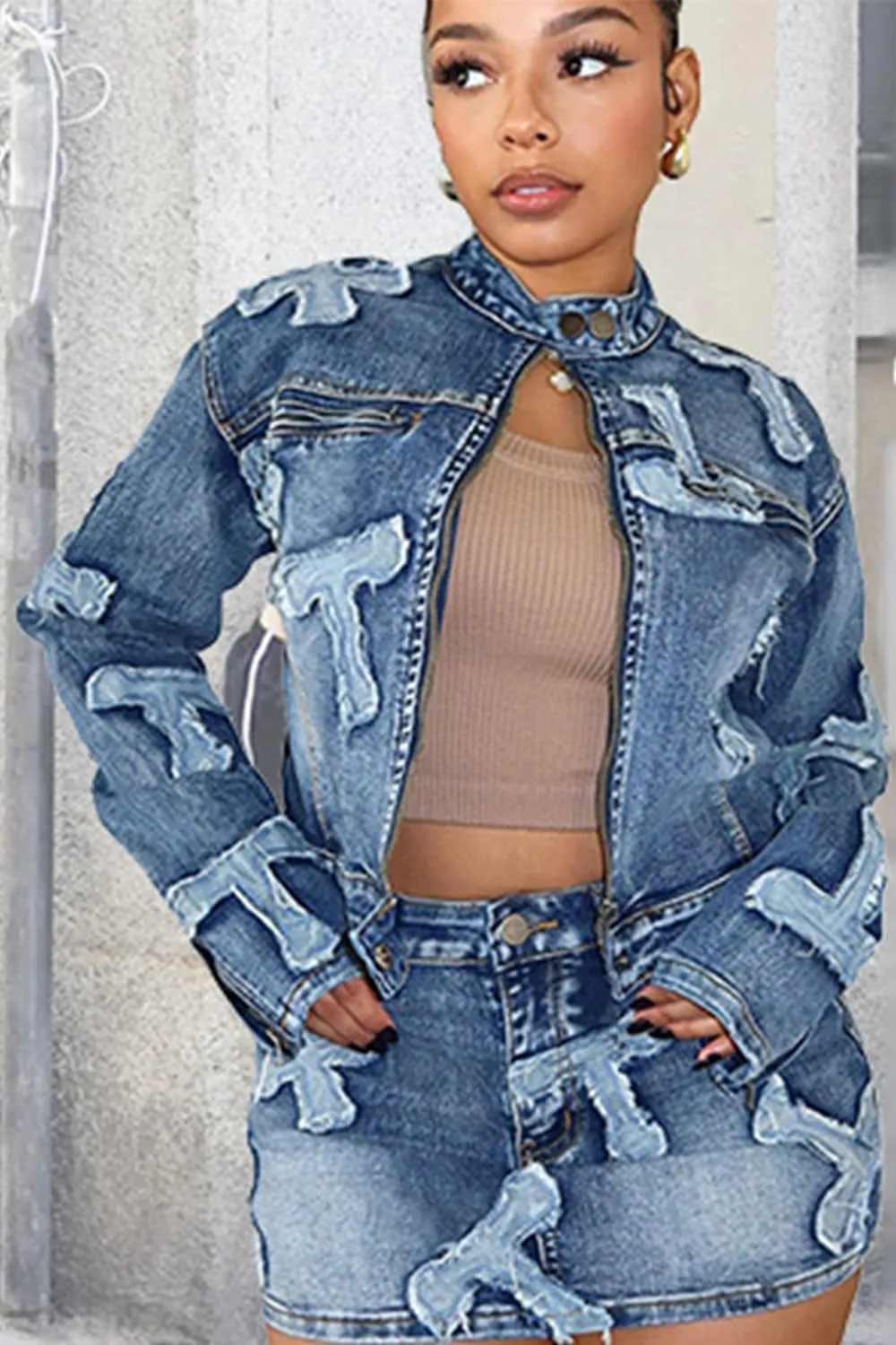 Molilove 2 Piece Denim Skirt Jacket Set Women Zipper Jacket Top Elastic Waist Skirt with Pockets Sweatsuit Tracksuit Sets