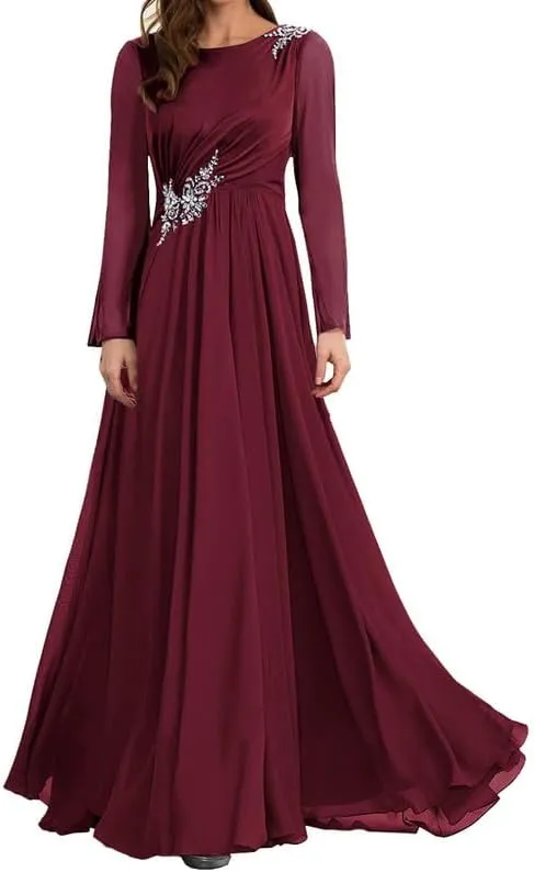 Mother of The Bride Dresses Chiffon Formal Evening Gowns Long Sleeve Mother of The Groom Dresses Long