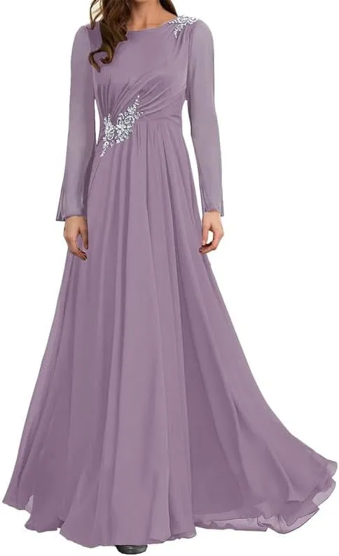 Mother of The Bride Dresses Chiffon Formal Evening Gowns Long Sleeve Mother of The Groom Dresses Long