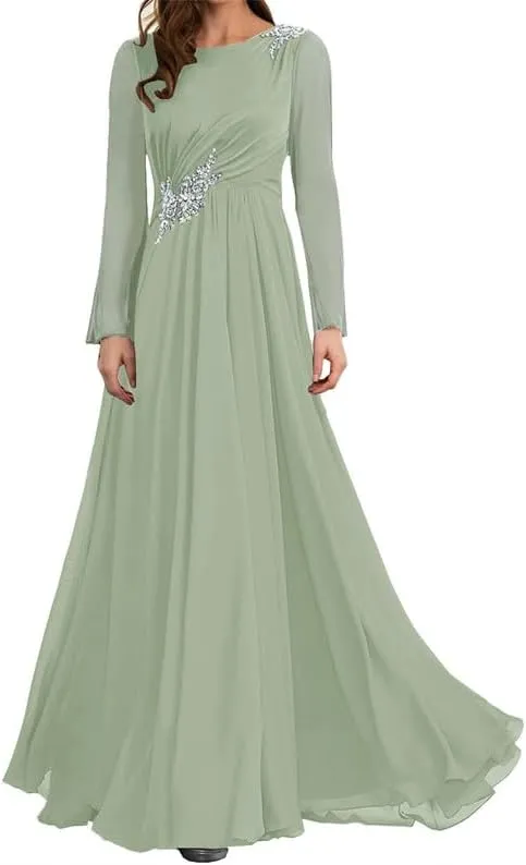Mother of The Bride Dresses Chiffon Formal Evening Gowns Long Sleeve Mother of The Groom Dresses Long