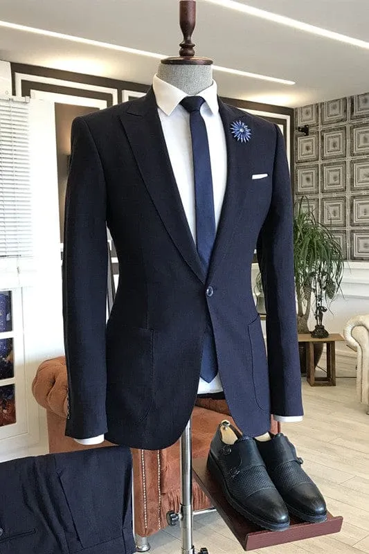 Navy Blue Peaked Lapel Business Suits Two Pieces Simple Wedding Suits
