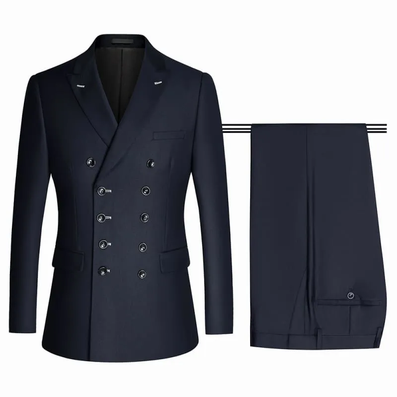 Navy Blue Peaked Lapel Double Breasted Business Suits Close Fitting Prom Suits
