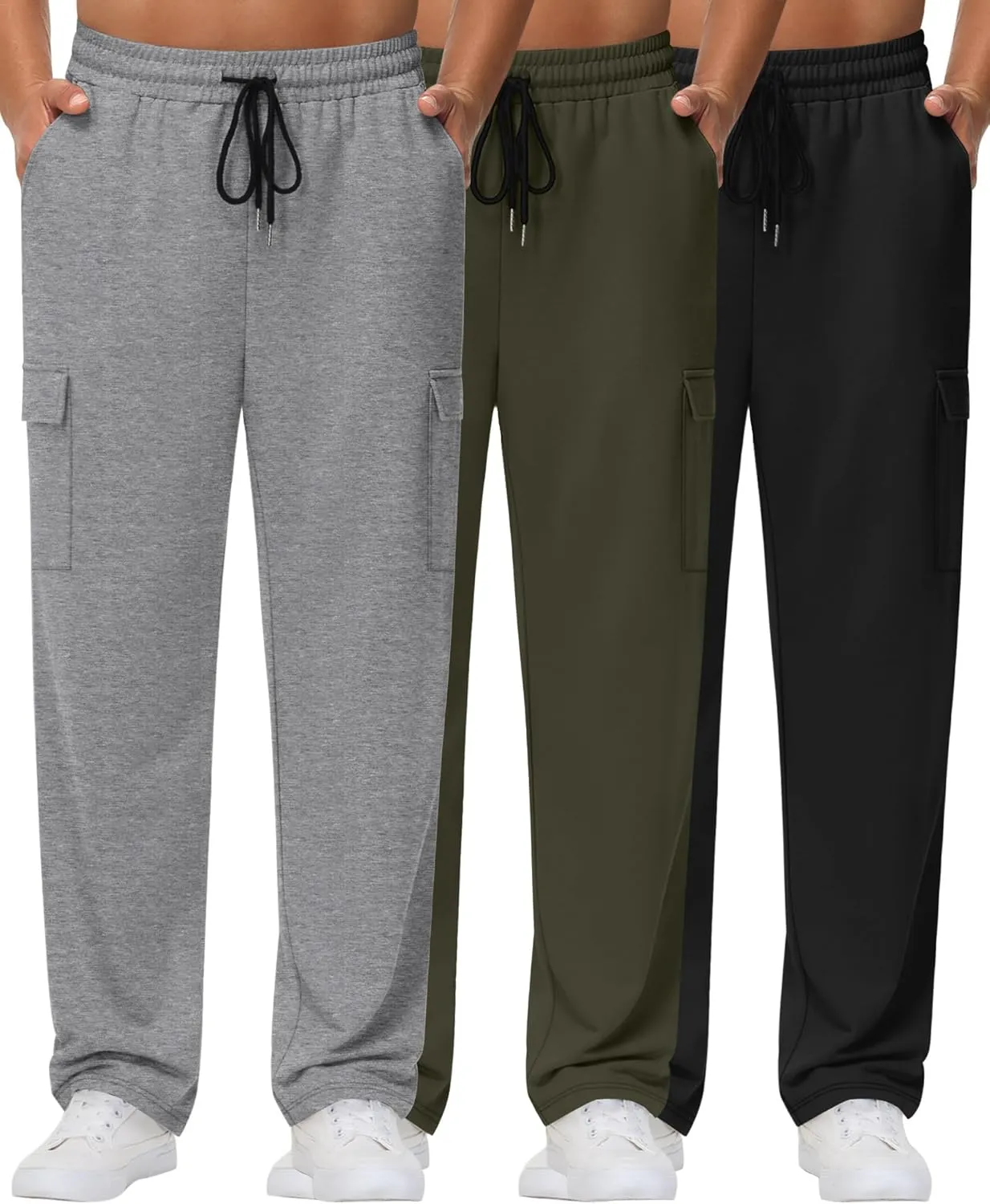 Neer 3 Pack Men's Cargo Sweatpants Baggy Open Bottom Straight Leg Drawstring Joggers Casual Lounge Pants with Pockets