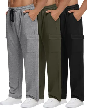 Neer 3 Pack Men's Cargo Sweatpants Baggy Open Bottom Straight Leg Drawstring Joggers Casual Lounge Pants with Pockets
