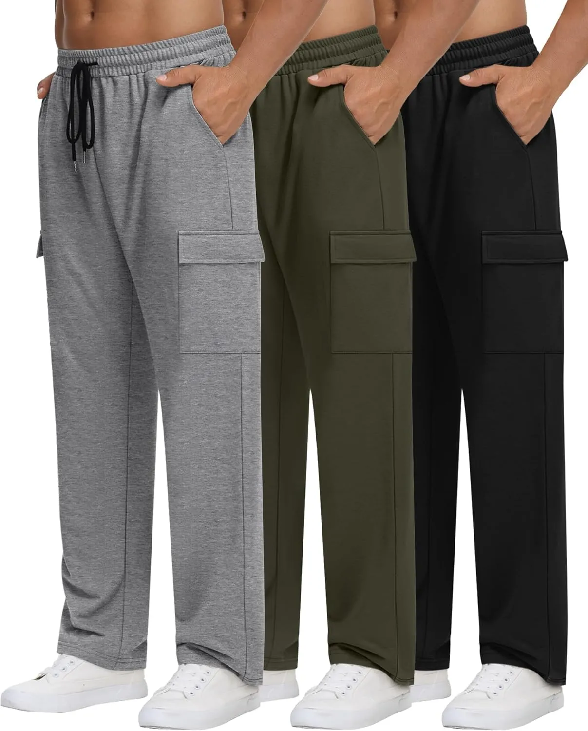 Neer 3 Pack Men's Cargo Sweatpants Baggy Open Bottom Straight Leg Drawstring Joggers Casual Lounge Pants with Pockets