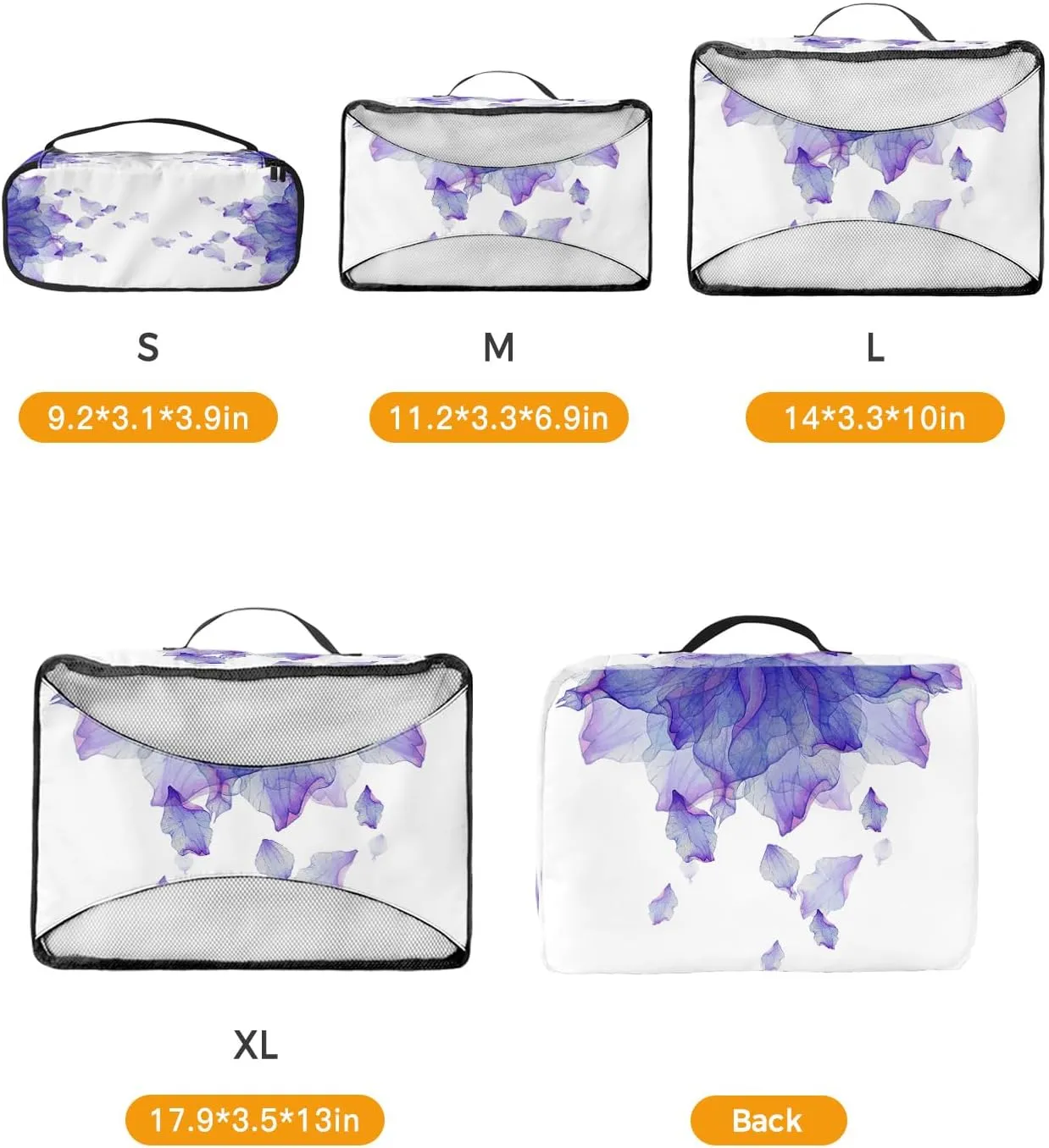 Packing Cubes for Travel, 4 Set Travel Packing Organized Cubes Purple Ombre Flowers Floral Waterproof Luggage Organizer with Laundry Bag Shoe Bag Travel Accessories for Carry On Suitcases