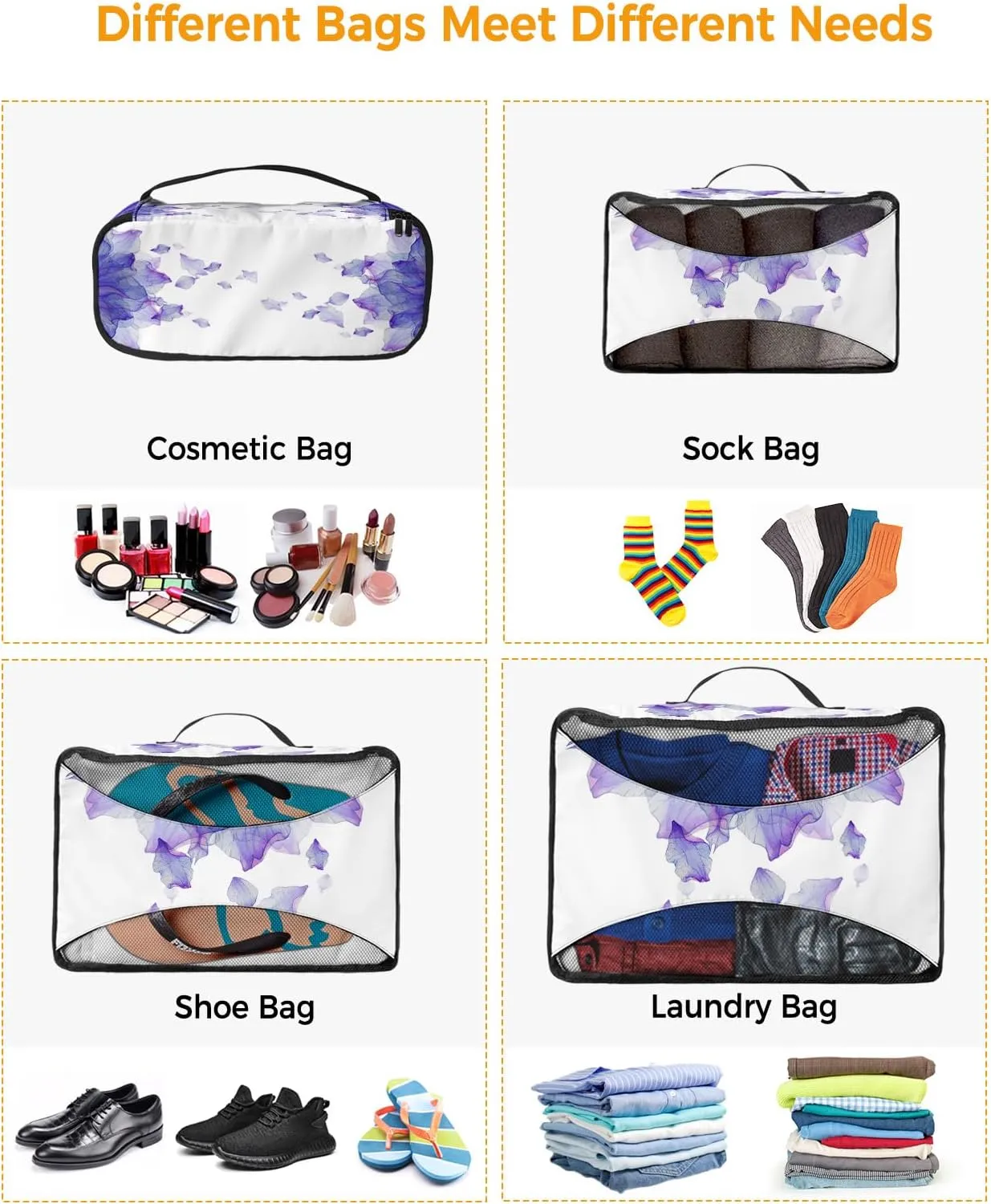 Packing Cubes for Travel, 4 Set Travel Packing Organized Cubes Purple Ombre Flowers Floral Waterproof Luggage Organizer with Laundry Bag Shoe Bag Travel Accessories for Carry On Suitcases