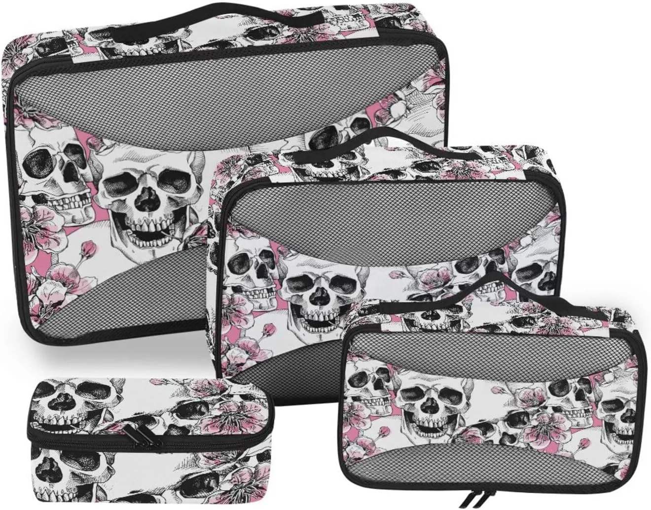 Packing Cubes for Travel Set of 4 Luggage Bags Organizers Luggage Packing Organizers Pqcking Cubes Seamless Pattern Image Skull Flowers Pink