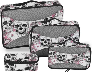 Packing Cubes for Travel Set of 4 Luggage Bags Organizers Luggage Packing Organizers Pqcking Cubes Seamless Pattern Image Skull Flowers Pink