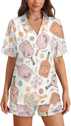 Pajama Sets for Womens Pickleball Floral Paddles Summer Short Sleeve Shirts And Pants Set