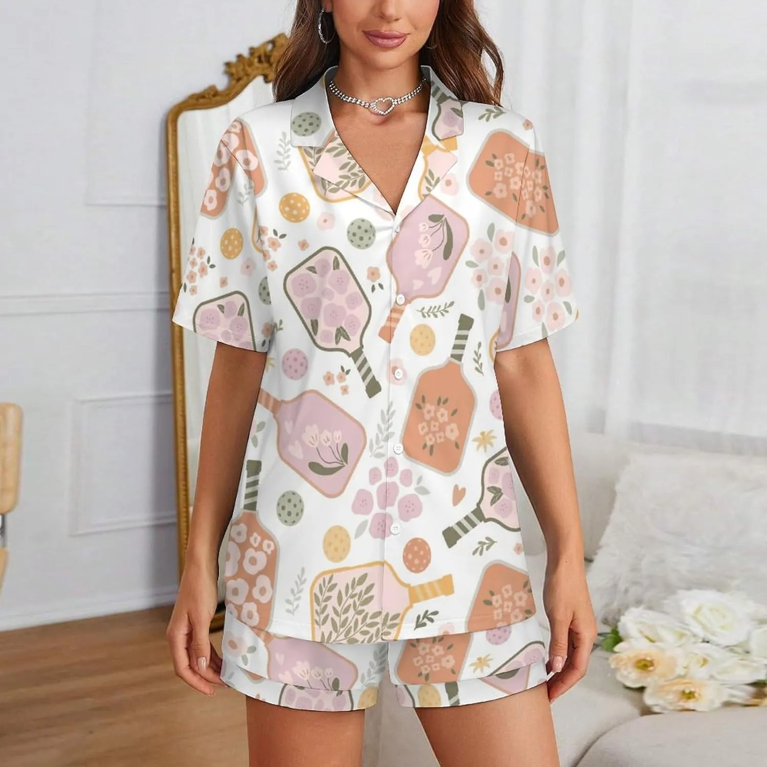 Pajama Sets for Womens Pickleball Floral Paddles Summer Short Sleeve Shirts And Pants Set