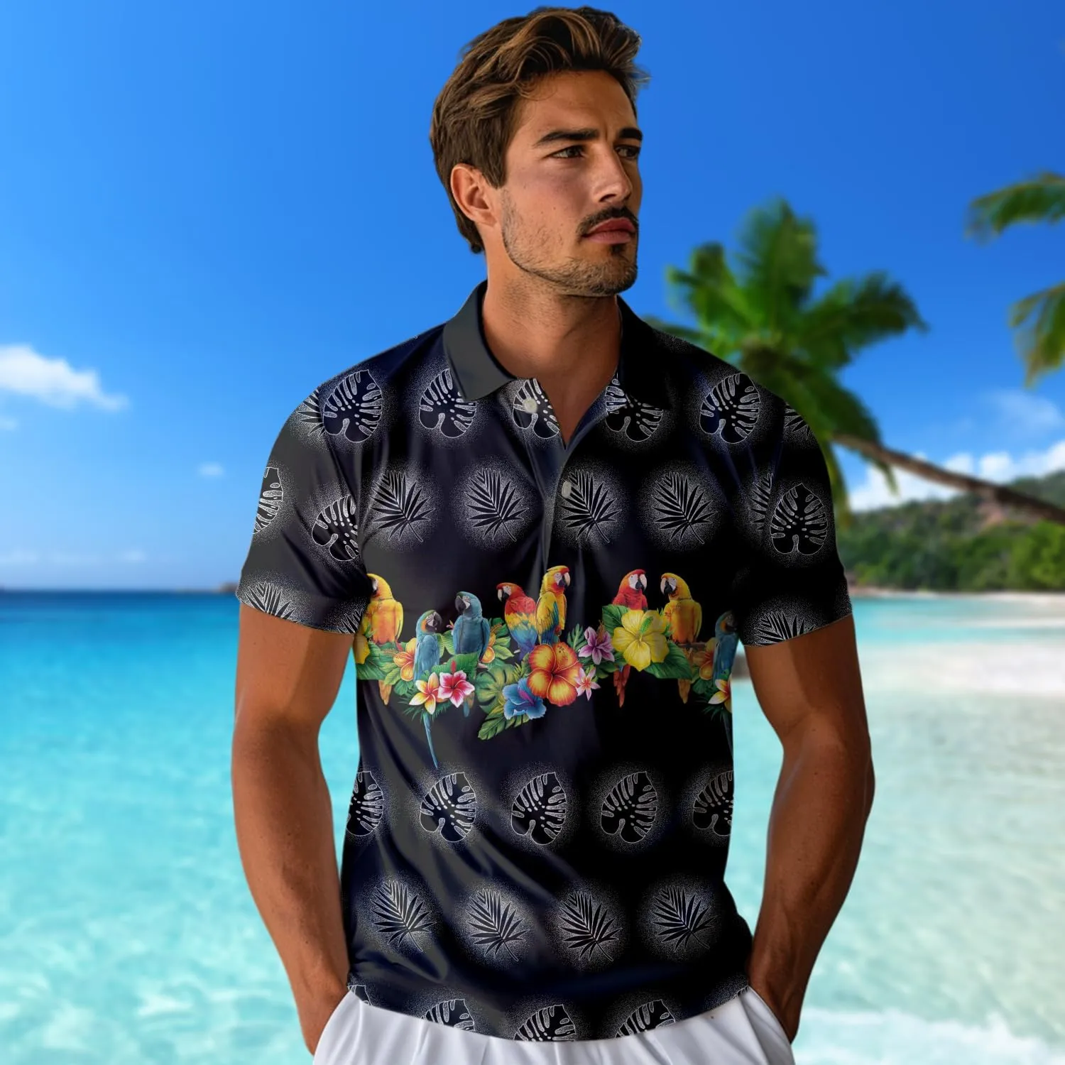 Parrot Golf Shirt Men Funny Golf Polos for Men Dry Fit Funny - Birds Golf Polo Shirts Hawaiian Polo Golf Outfits (MP_PL_9)