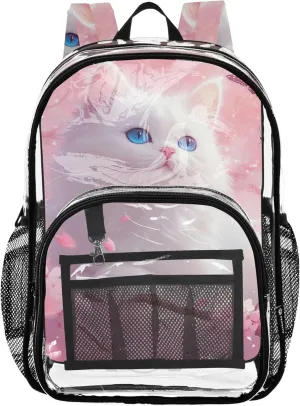 Pink Cherry Blossom Cat Clear Backpack Women Cute Girls Backpack for Kids Pvc School Plastic Bookbag