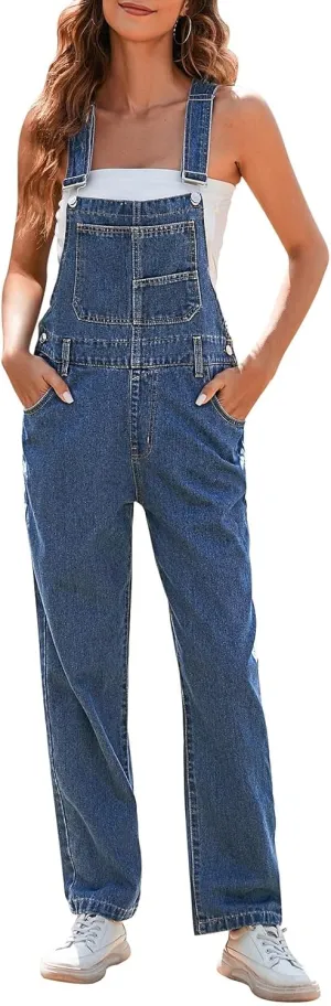 Pink Queen Women's Denim Long Jumpsuit Baggy Overalls Loose Fit Bib Adjustable Wide Straps Wide Leg Jean Jumpsuits High Waist Cotton Romper Pants Dark Blue M