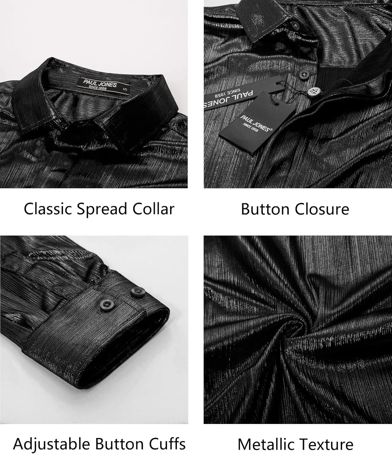 PJ PAUL JONES Men's 70s Disco Shirts Luxury Metallic Sequins Button Down Long Sleeve Party Shirt Nightclub Costume Tops