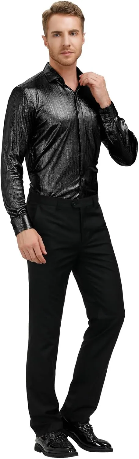 PJ PAUL JONES Men's 70s Disco Shirts Luxury Metallic Sequins Button Down Long Sleeve Party Shirt Nightclub Costume Tops