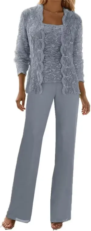 Plus Size Mother of The Bride Pant Suits Dusty-Blue Wedding Pantsuits for Grandmothers 3 Pieces Set Chiffon Evening Gown 16