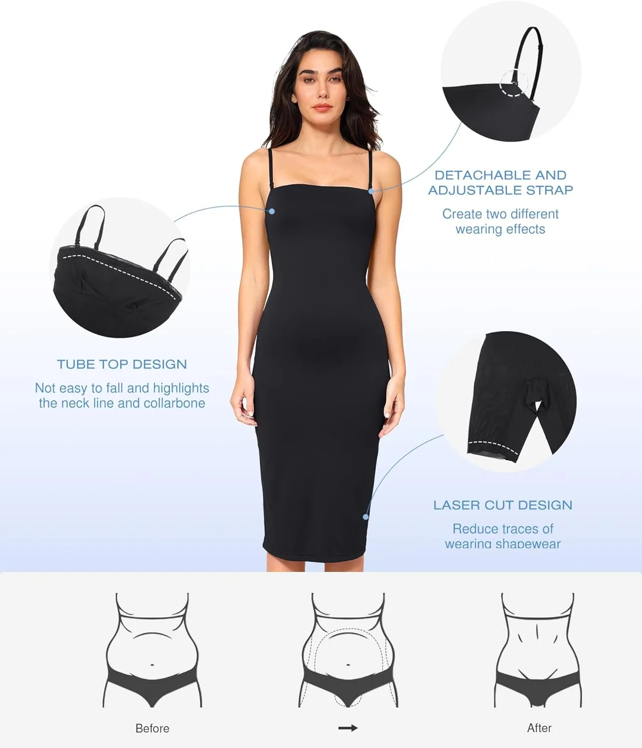 Popilush Maxi Womens Shapewear Dress Long Dresses Built-in Bra Slip with Adjustable Straps Bodycon Tube