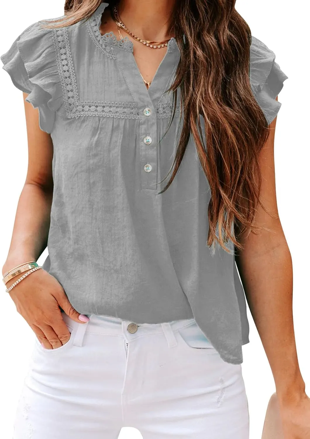 PRETTODAY Women's V Neck Lace Crochet Shirts Button Down Short Sleeve Casual Blouse Tops