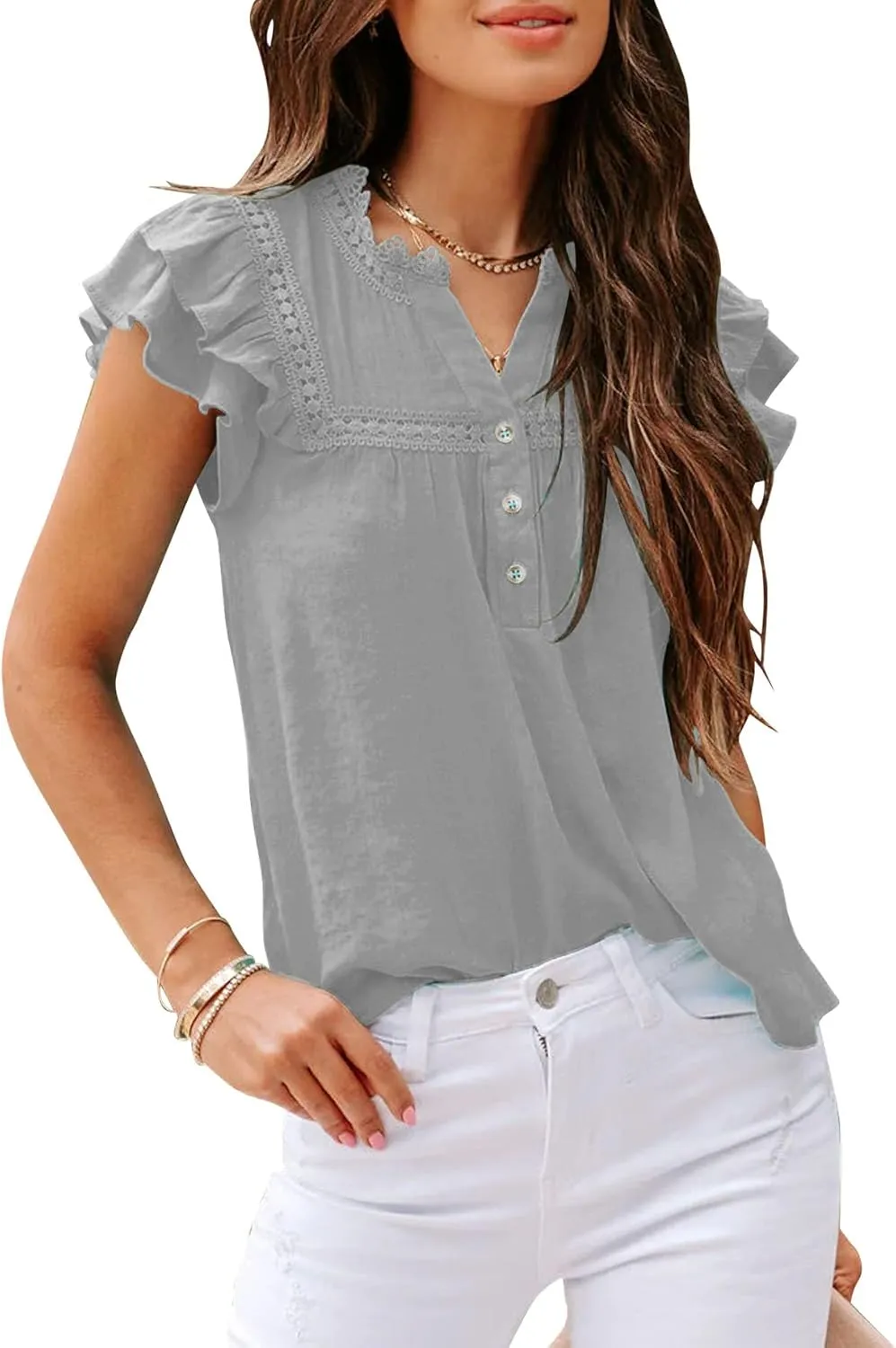 PRETTODAY Women's V Neck Lace Crochet Shirts Button Down Short Sleeve Casual Blouse Tops
