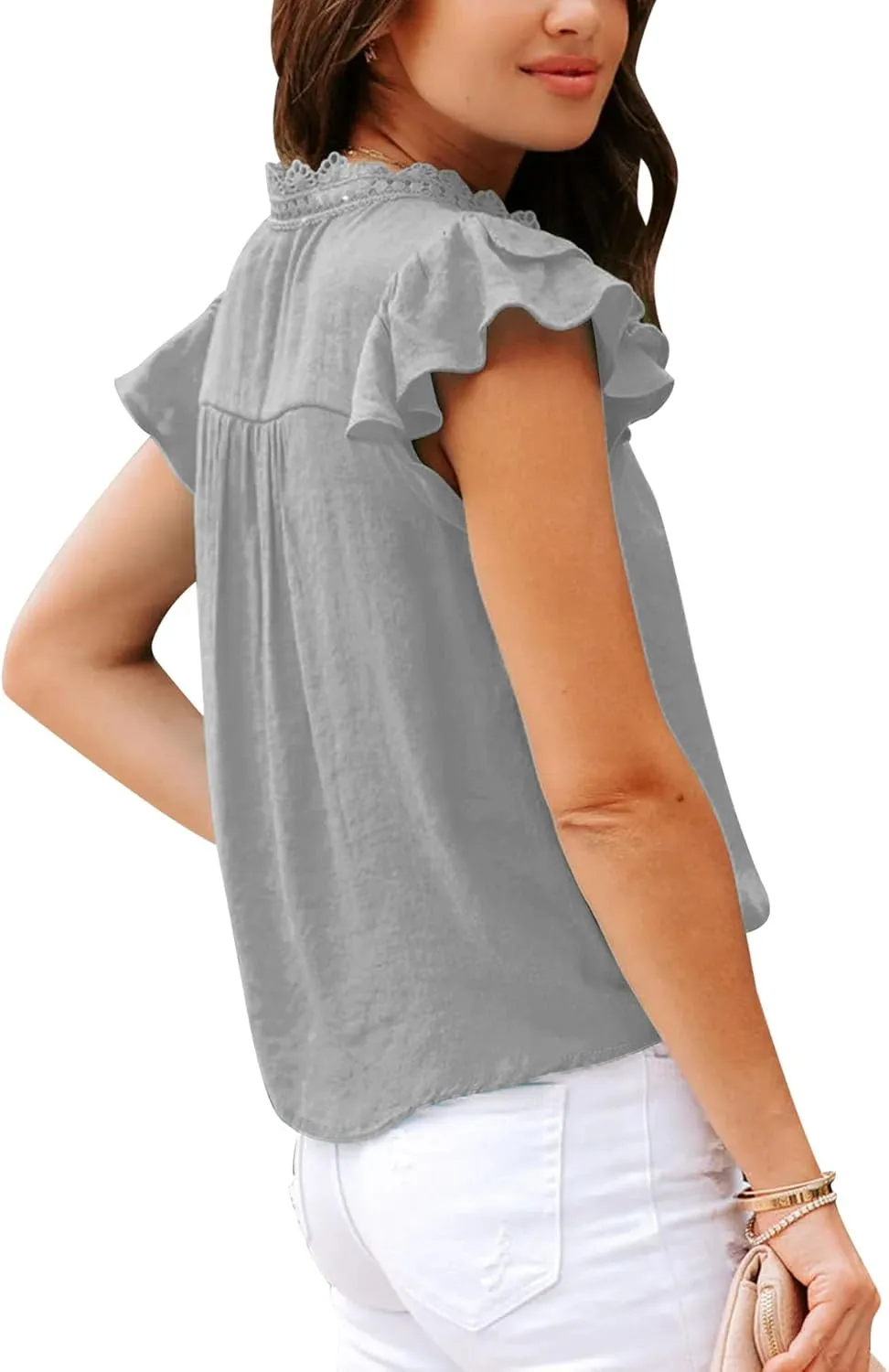 PRETTODAY Women's V Neck Lace Crochet Shirts Button Down Short Sleeve Casual Blouse Tops