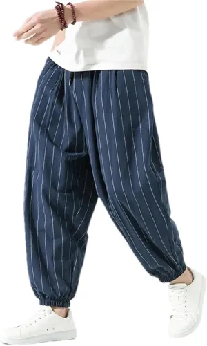 Pulcykp Men Loose Casual Striped Harem Pants Elastic Waist Harajuku Wide Leg Trousers Street Sweatpants