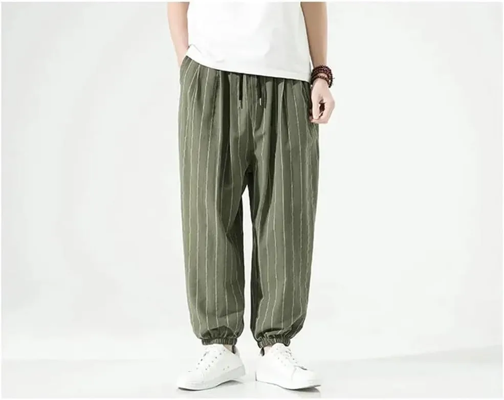 Pulcykp Men Loose Casual Striped Harem Pants Elastic Waist Harajuku Wide Leg Trousers Street Sweatpants