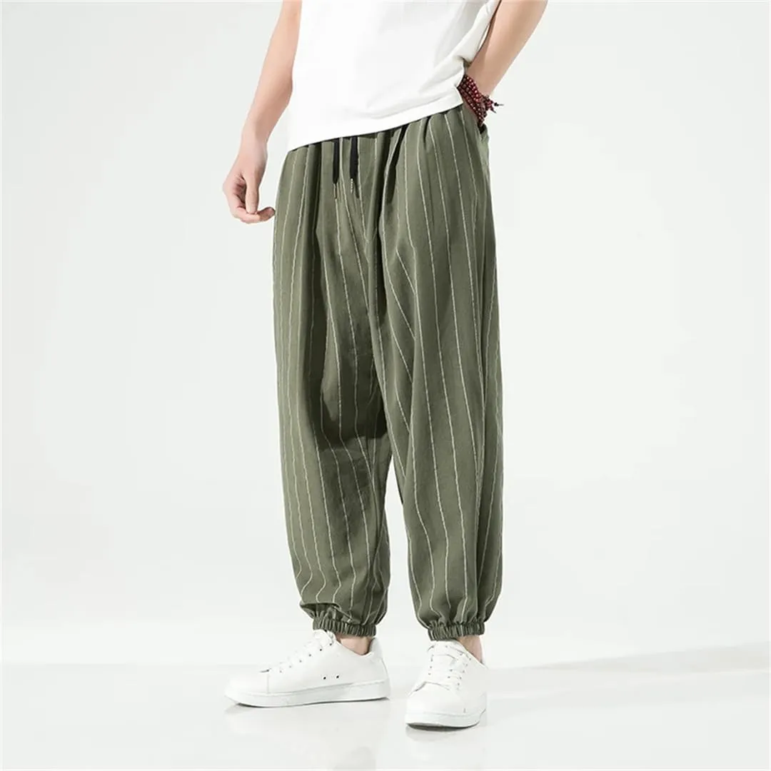 Pulcykp Men Loose Casual Striped Harem Pants Elastic Waist Harajuku Wide Leg Trousers Street Sweatpants