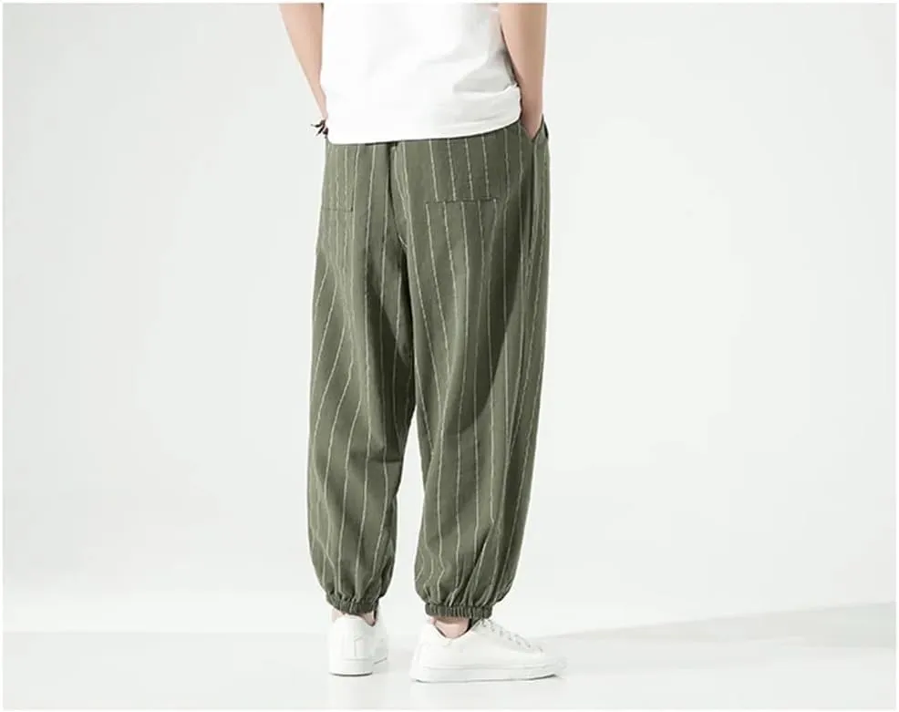 Pulcykp Men Loose Casual Striped Harem Pants Elastic Waist Harajuku Wide Leg Trousers Street Sweatpants