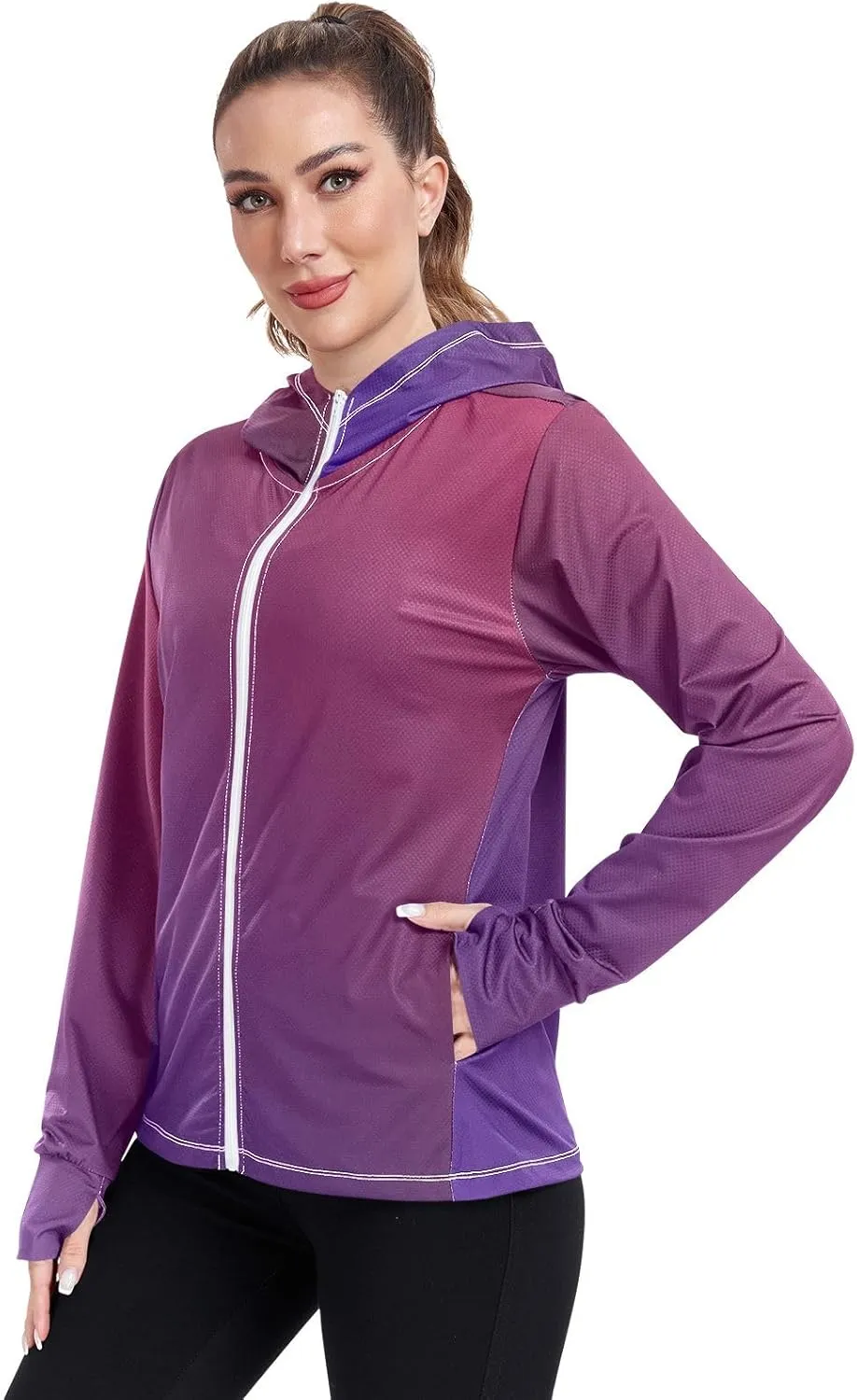 Purple Gradient Womens Sun Protection Shirts UPF 50  UV Sun Protection Clothing Women's Hoodie Zip Front Rash Guard