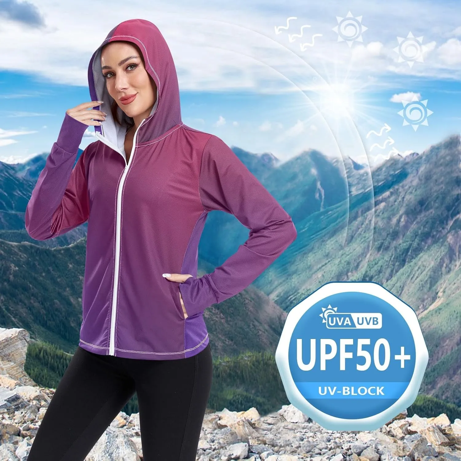 Purple Gradient Womens Sun Protection Shirts UPF 50  UV Sun Protection Clothing Women's Hoodie Zip Front Rash Guard