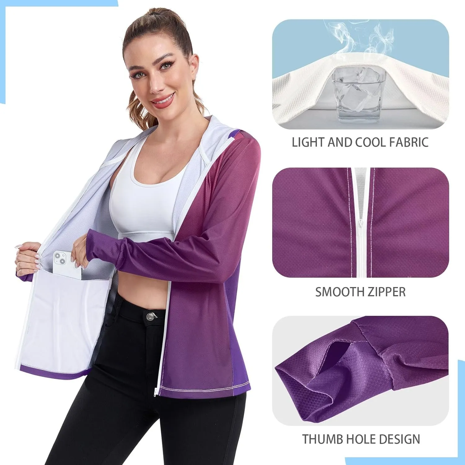 Purple Gradient Womens Sun Protection Shirts UPF 50  UV Sun Protection Clothing Women's Hoodie Zip Front Rash Guard