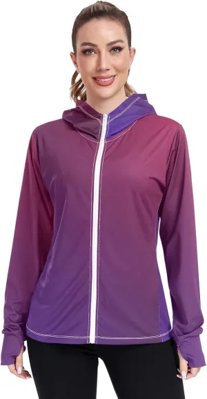 Purple Gradient Womens Sun Protection Shirts UPF 50  UV Sun Protection Clothing Women's Hoodie Zip Front Rash Guard