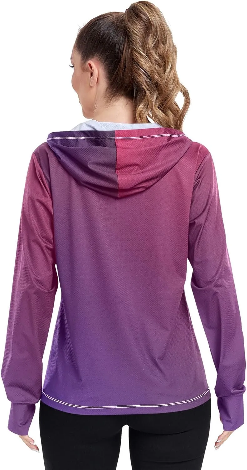 Purple Gradient Womens Sun Protection Shirts UPF 50  UV Sun Protection Clothing Women's Hoodie Zip Front Rash Guard