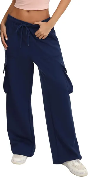 Quenteen Cargo Sweatpants for Women Fleece Straight Wide Leg Sweat Baggy Joggers Pants with Pockets